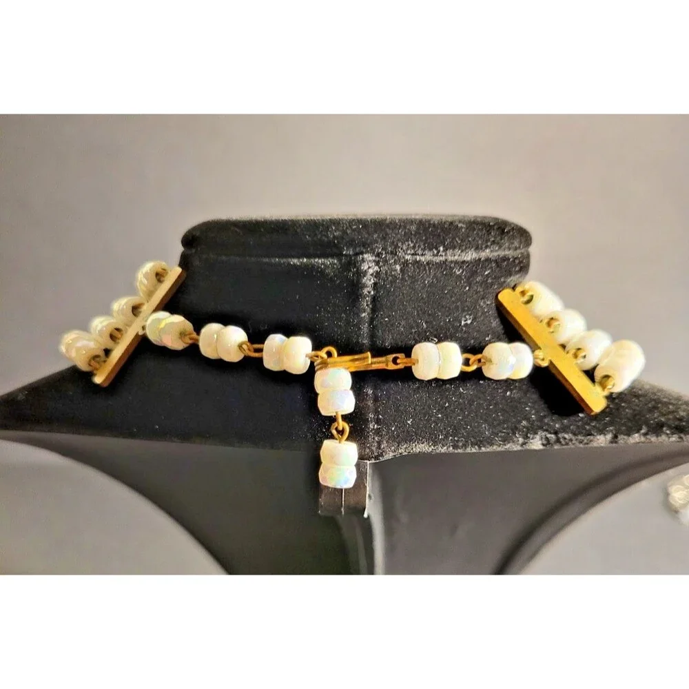 Vintage 1950s 4 Strand Opalescent Glass Bead Necklace Wedding Glam Mid Century